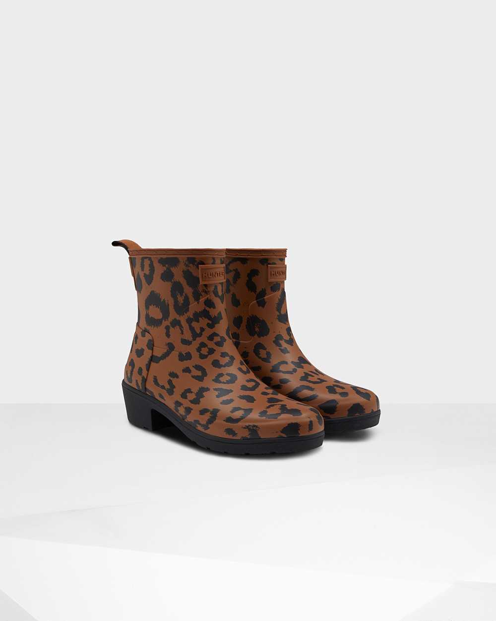 Hunter Original Leopard Print Refined Low Heel Women's Ankle Boots NZ-29279O Brown